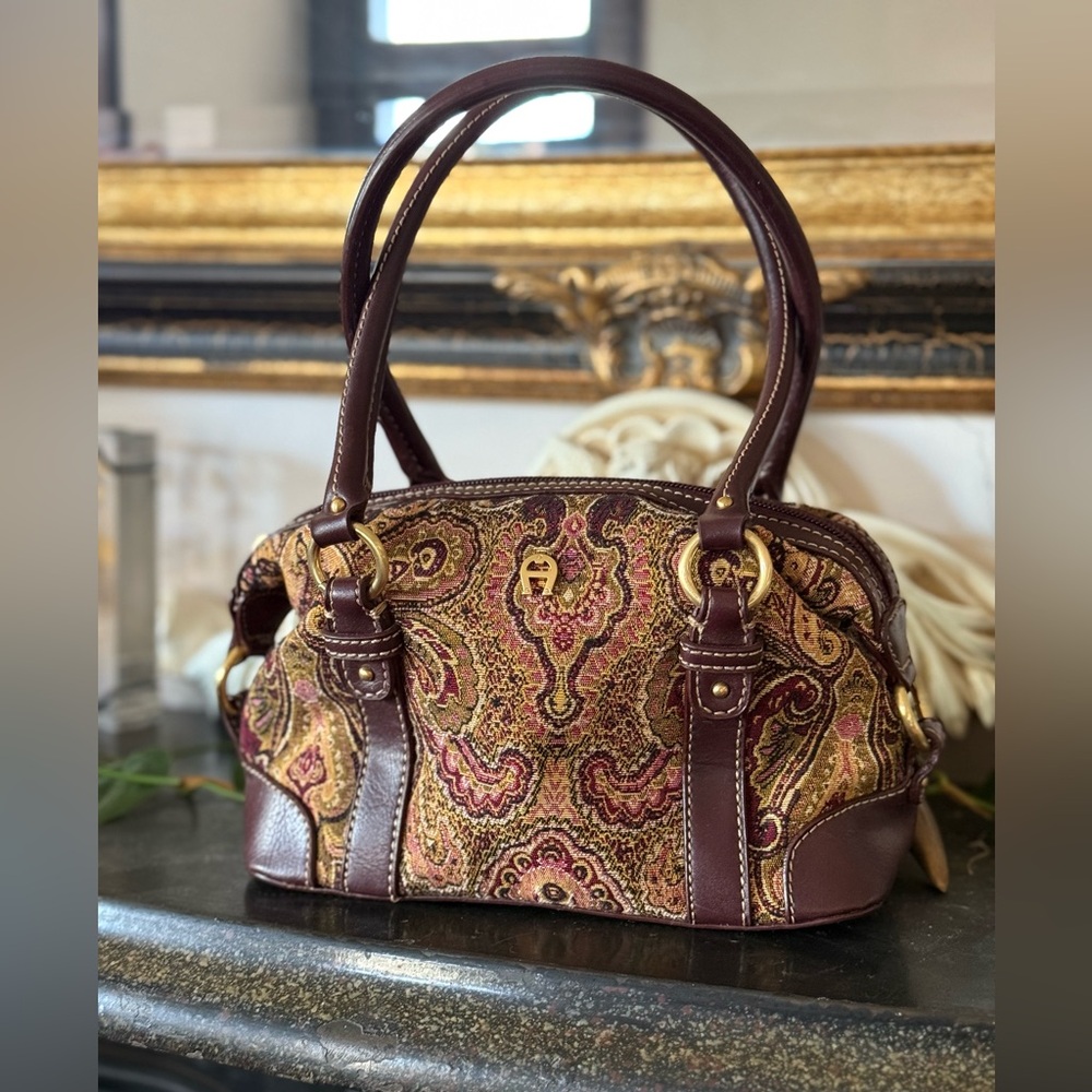 Etienne Aigner Brown and Gold Mini Bag with Paisley Design Tapestry Purse